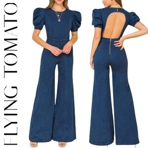 Flying Tomato Wide Leg Open Back Puff Sleeve Denim Bell Jumpsuit